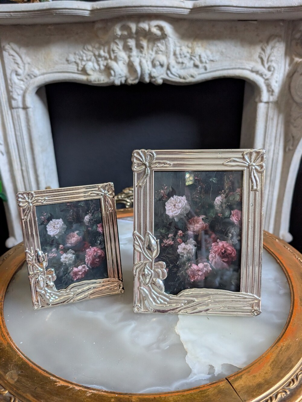 Vintage, Set of 2, Art Nouveau Brass, Silver Lacquer Plated Photo Frame w/ Print